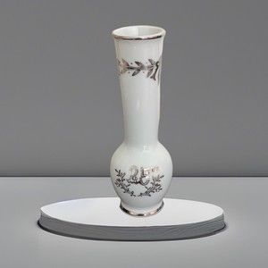 LEFTON 25TH Anniversary White Silver Bud Vase 6 1/2" Silver Rimmed  #4654